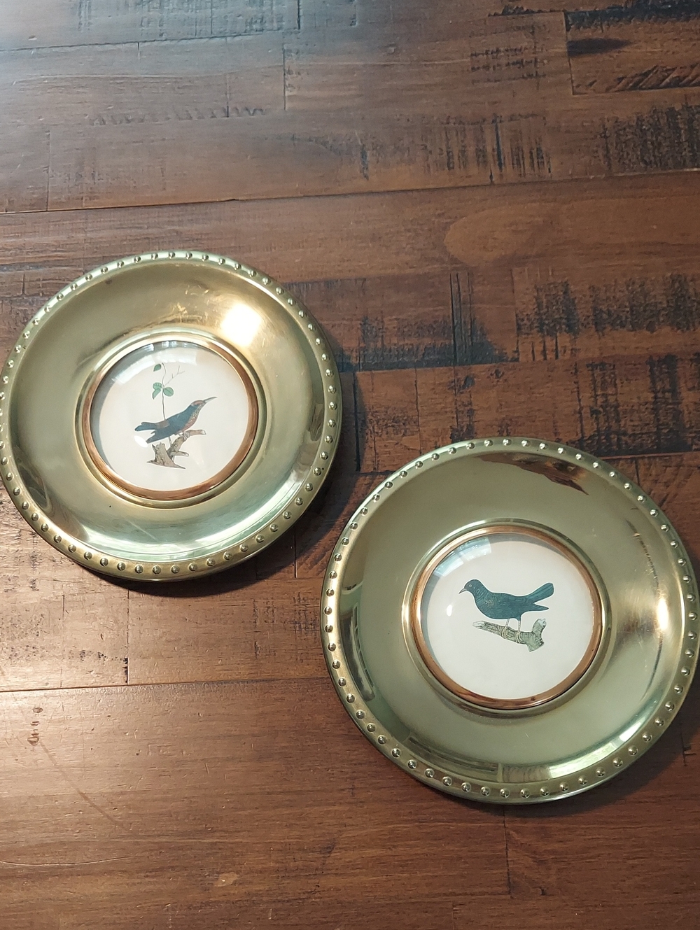 Vintage Japan Brass Tone Bird Wall Plaques 8โ Set of 2 Glass Botanical Art